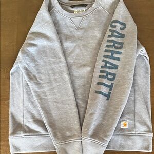 WOMEN'S RELAXED FIT MIDWEIGHT CREWNECK BLOCK LOGO SLEEVE GRAPHIC SWEATSHIRT